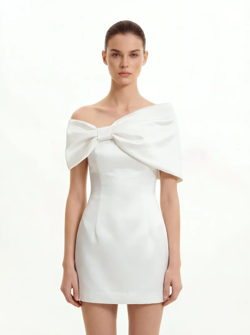 Weißes Satin-Minikleid mit asymmetrischer Schleife