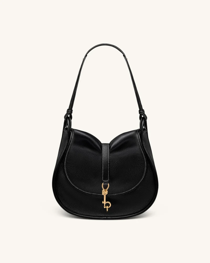 Arla Kleine Hobo-Tasche - Schwarzes genarbtes Leder