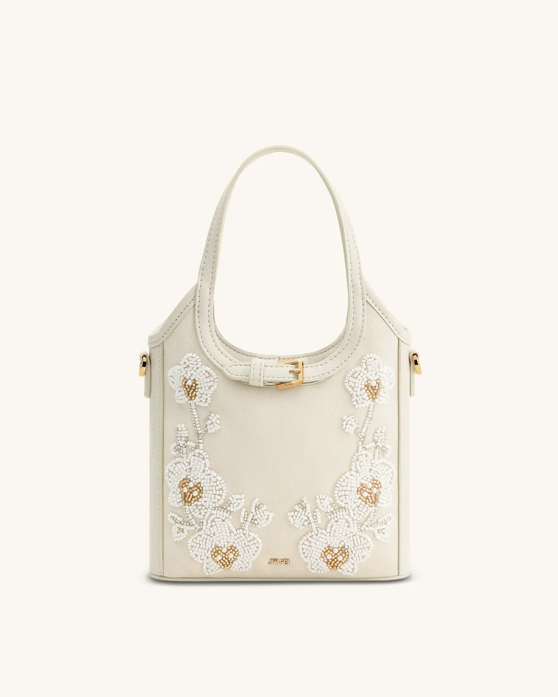 Brooke Mini-Handtasche mit Gürtel und verzierter Orchideenperlenstickerei - Elfenbein