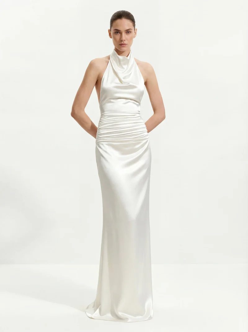 Satin Gerafftes Maxikleid mit Wasserfallausschnitt - Weiß