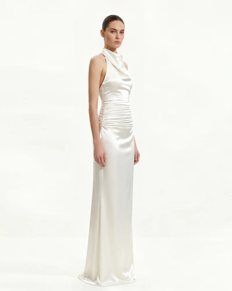 Satin Gerafftes Maxikleid mit Wasserfallausschnitt - Weiß