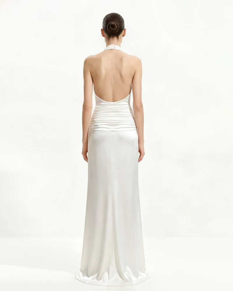Satin Gerafftes Maxikleid mit Wasserfallausschnitt - Weiß