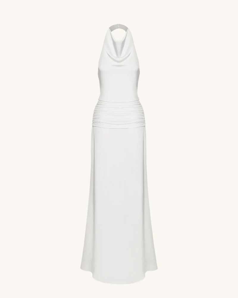 Satin Gerafftes Maxikleid mit Wasserfallausschnitt - Weiß