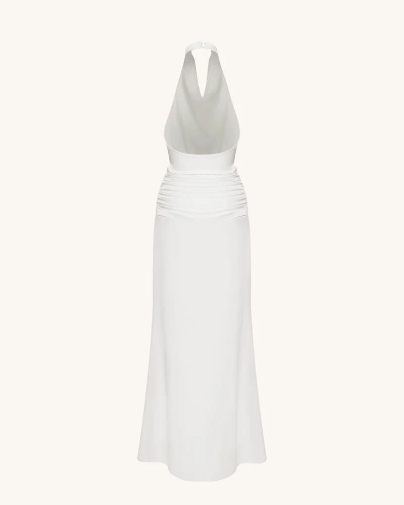 Satin Gerafftes Maxikleid mit Wasserfallausschnitt - Weiß
