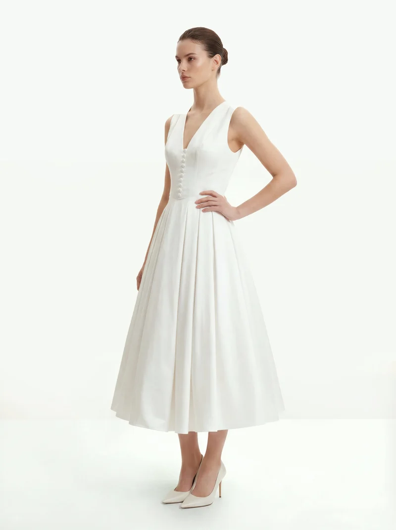 Plissiertes Midikleid mit V-Ausschnitt vorne - Weiß