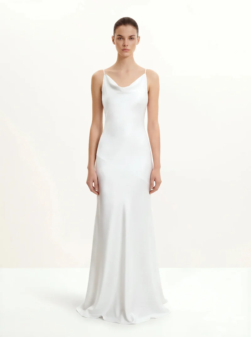 Satin Maxikleid mit Wasserfallausschnitt und Rückenschleife - Weiß