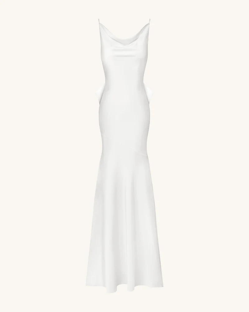 Satin Maxikleid mit Wasserfallausschnitt und Rückenschleife - Weiß