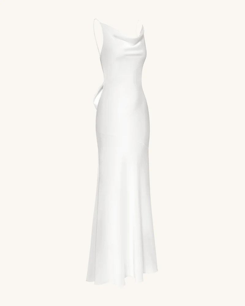 Satin Maxikleid mit Wasserfallausschnitt und Rückenschleife - Weiß