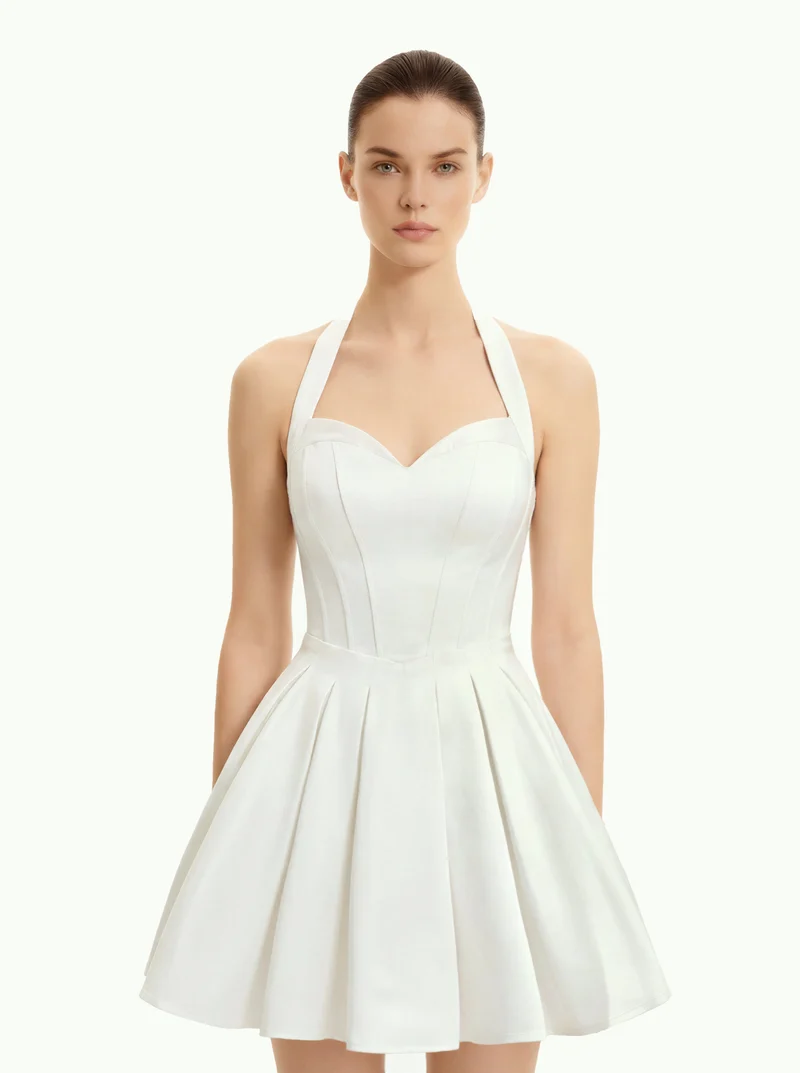 Plissiertes Bustier-Neckholder-Minikleid - Weiß
