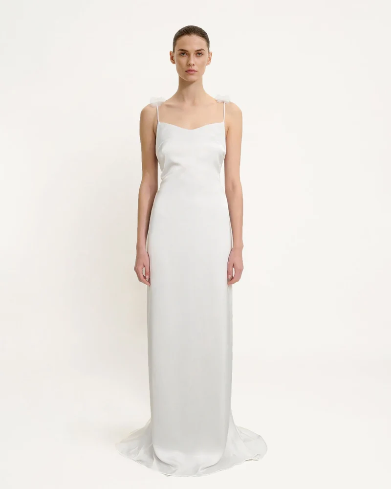 Satin Träger-Maxikleid mit Blumenbändern - Weiß
