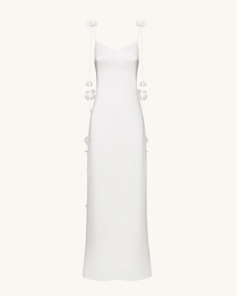 Satin Träger-Maxikleid mit Blumenbändern - Weiß