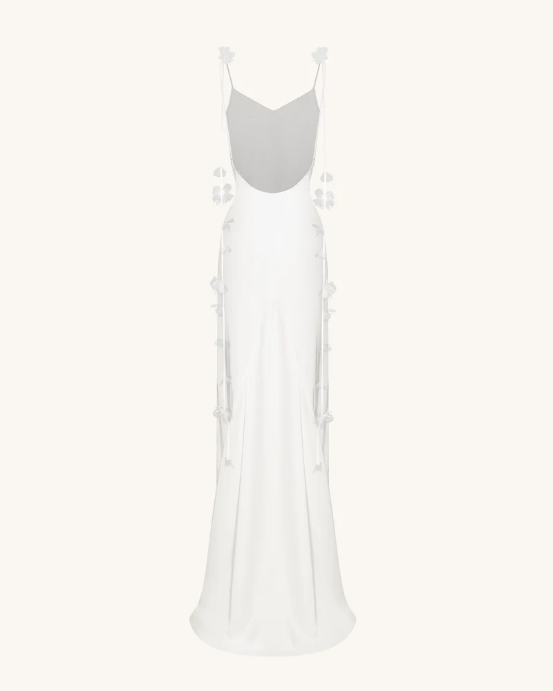 Satin Träger-Maxikleid mit Blumenbändern - Weiß