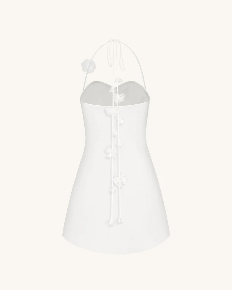 Florales gerafftes Neckholder-Minikleid - Weiß