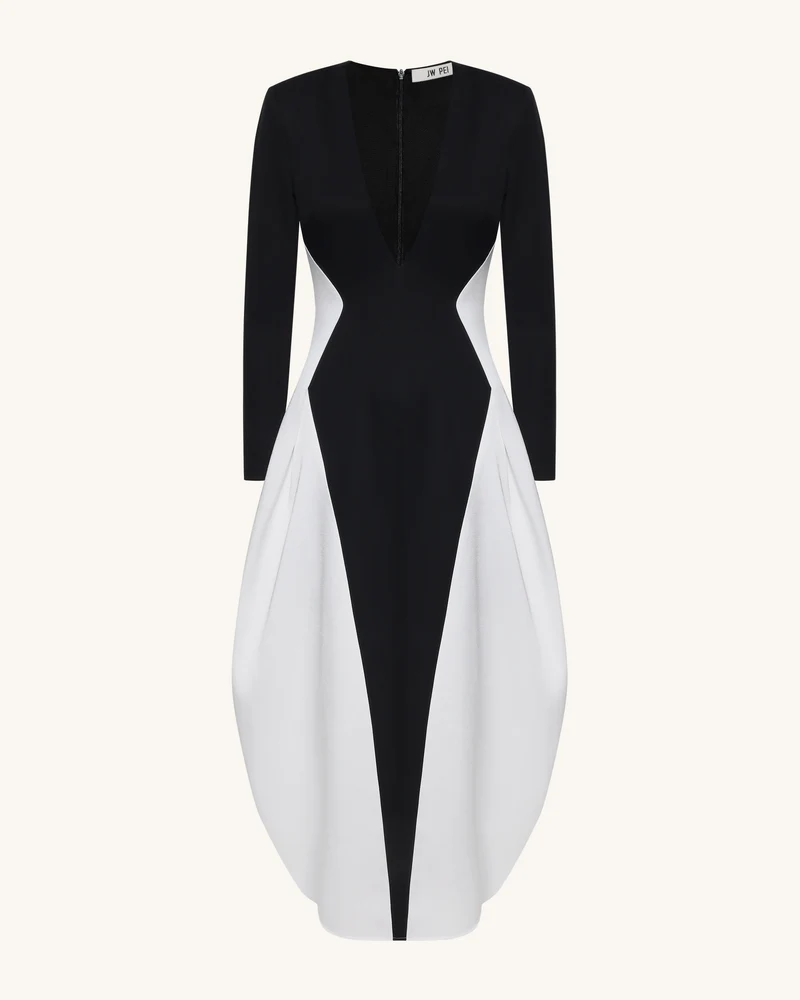 Monochromes Maxikleid im Paneel-Design mit tiefem V-Ausschnitt und langen Ärmeln - Schwarz