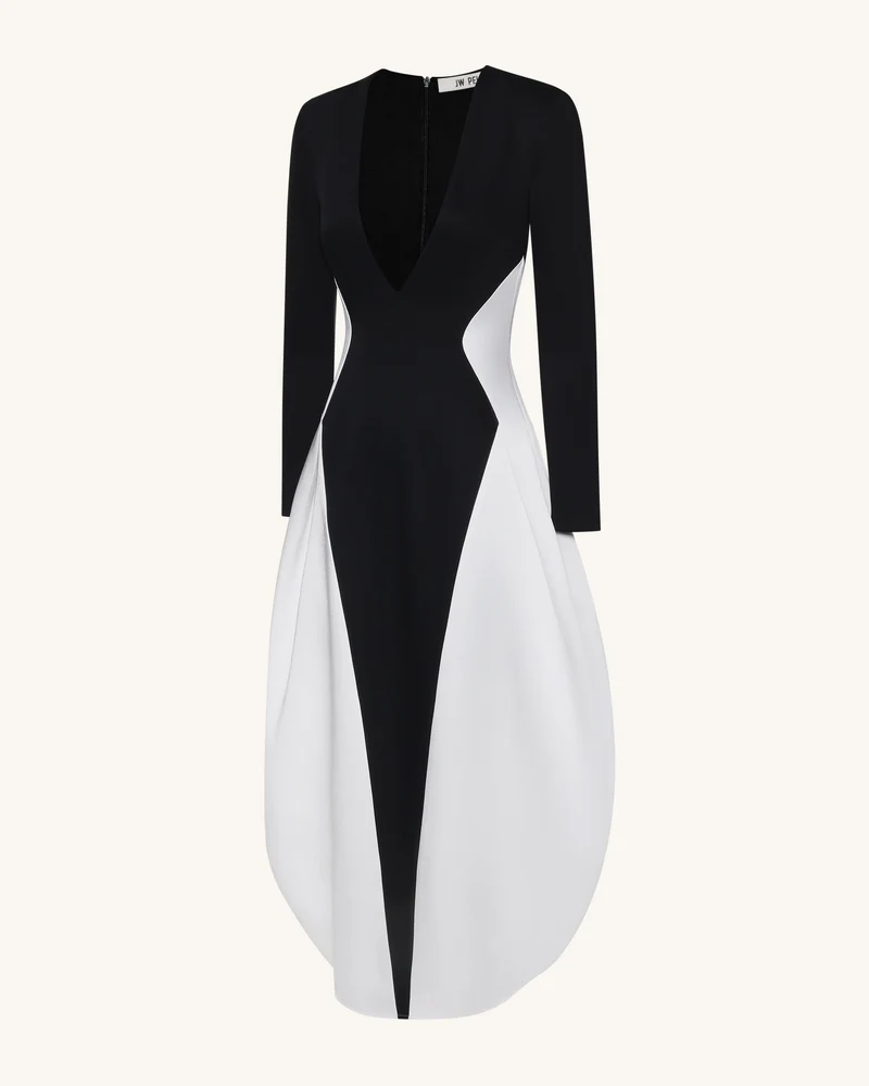 Monochromes Maxikleid im Paneel-Design mit tiefem V-Ausschnitt und langen Ärmeln - Schwarz