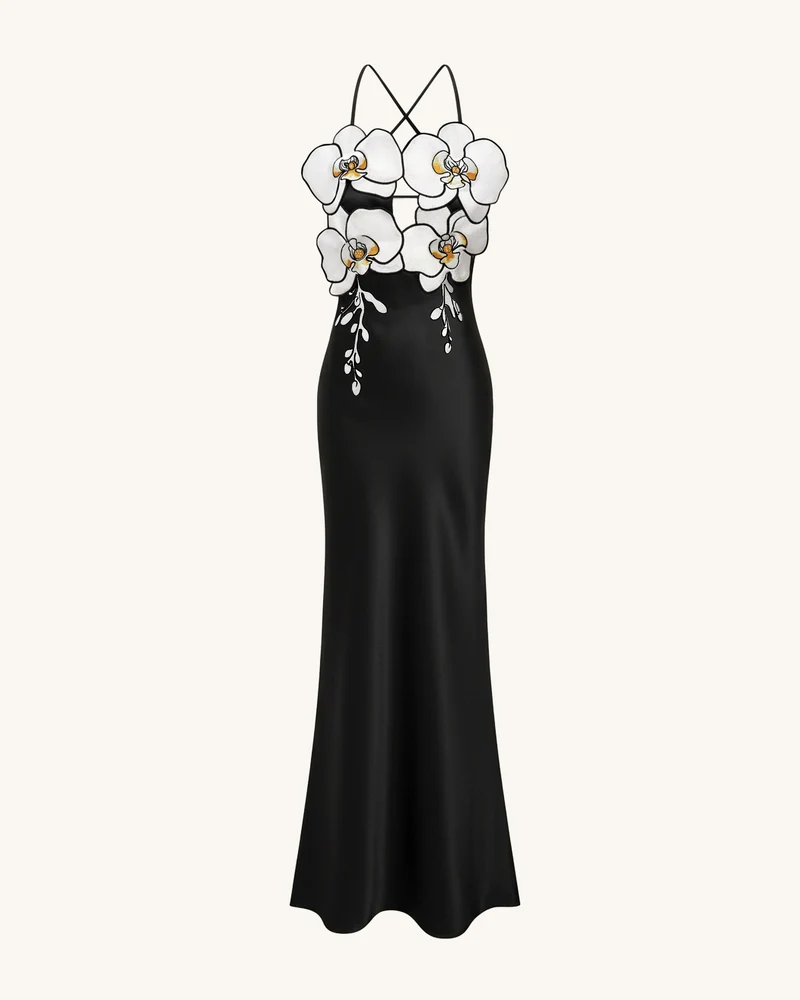Orchideenbesticktes Kleid – Schwarz/Weiß
