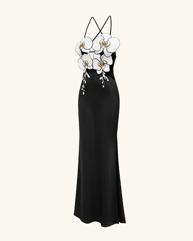 Orchideenbesticktes Kleid – Schwarz/Weiß