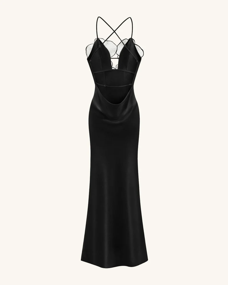 Orchideenbesticktes Kleid – Schwarz/Weiß
