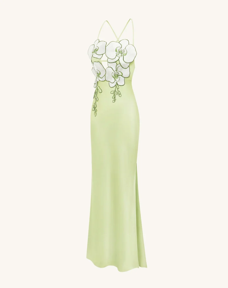 Orchideenbesticktes Kleid - Hellgrün/Elfenbein