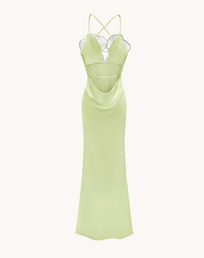 Orchideenbesticktes Kleid - Hellgrün/Elfenbein