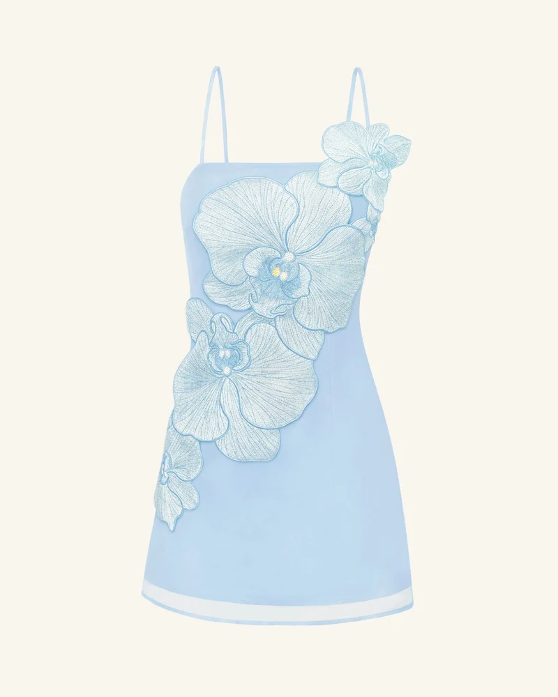 Minikleid mit Orchideen-Applikation - Blau