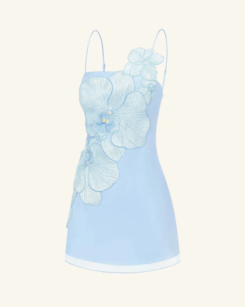 Minikleid mit Orchideen-Applikation - Blau