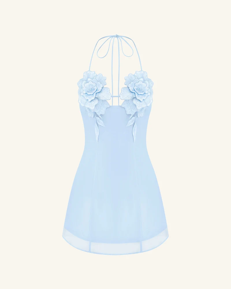 Blumenbesticktes Minikleid - Blau