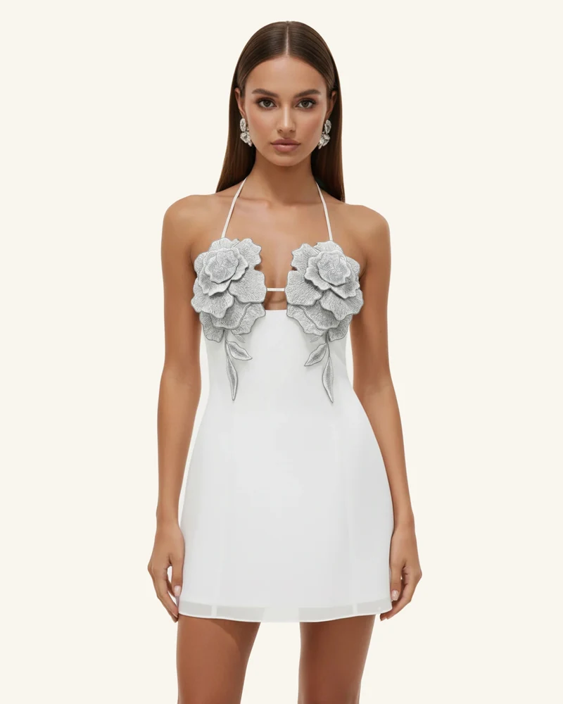 Blumenbesticktes Minikleid - Weiß