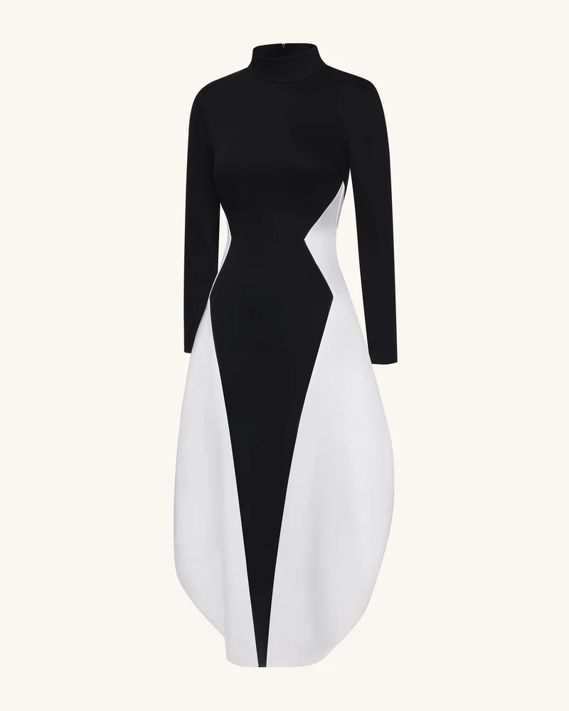 Monochromes Paneel-Langarm-Maxikleid - Schwarz