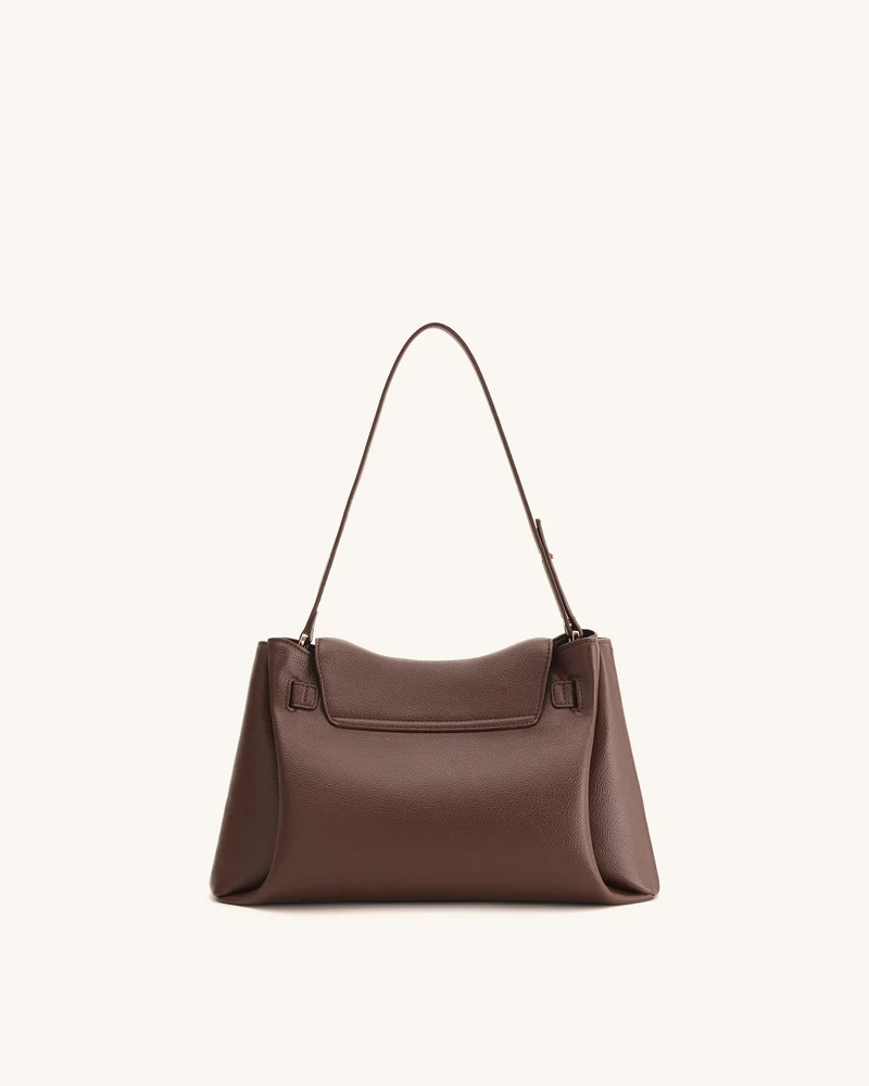 Rhea Schultertasche mit doppelter Schnalle und Narbenlederstruktur - Dunkelbraun