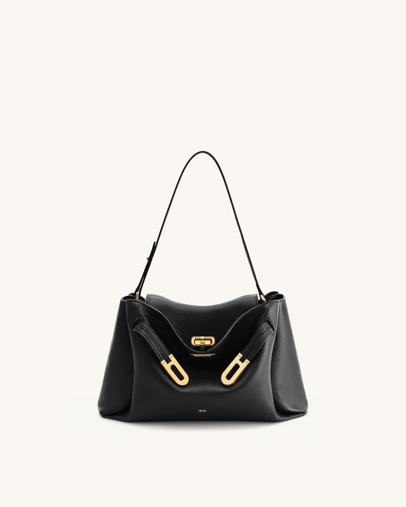 Rhea Schultertasche mit doppelter Schnalle und Narbenlederstruktur - Schwarz