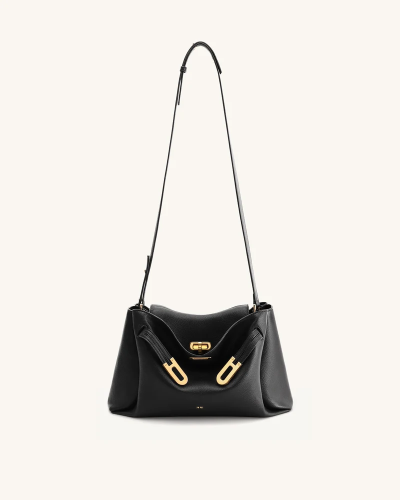 Rhea Schultertasche mit doppelter Schnalle und Narbenlederstruktur - Schwarz