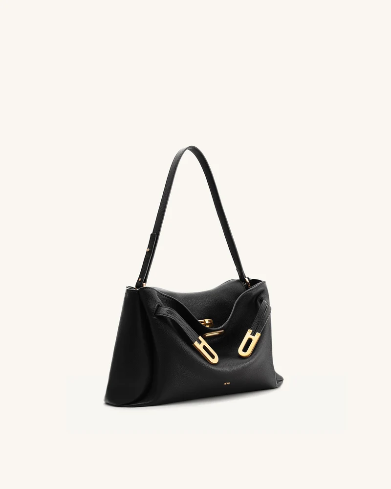 Rhea Schultertasche mit doppelter Schnalle und Narbenlederstruktur - Schwarz