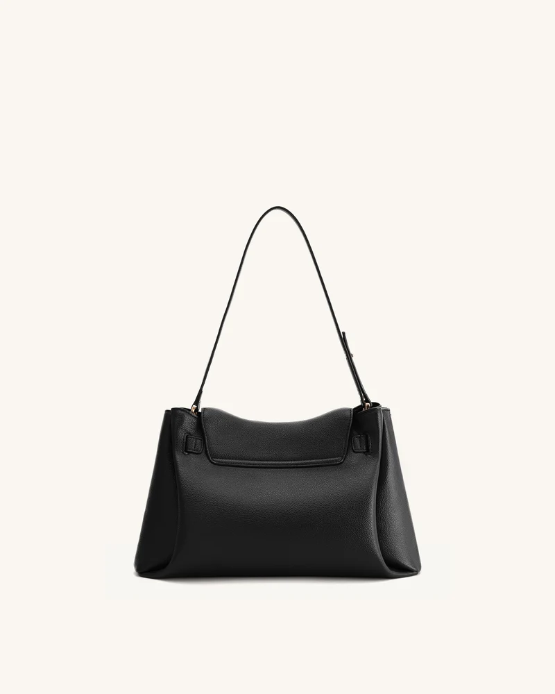 Rhea Schultertasche mit doppelter Schnalle und Narbenlederstruktur - Schwarz