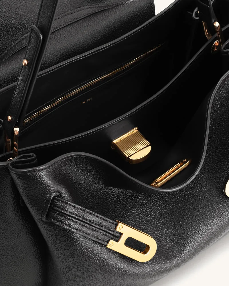Rhea Schultertasche mit doppelter Schnalle und Narbenlederstruktur - Schwarz