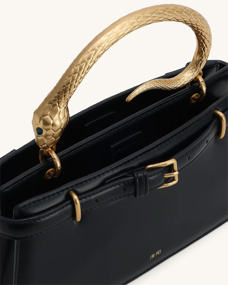 Elena Schlangenledergriff Henkeltasche - Schwarz