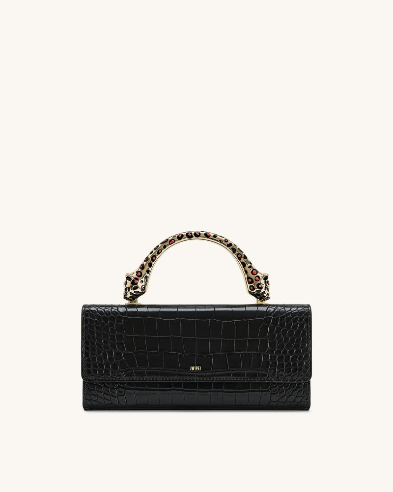 Maya Henkeltasche mit leopardenförmigem Metallgriff - Schwarz Krokodil