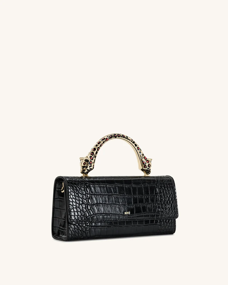 Maya Henkeltasche mit leopardenförmigem Metallgriff - Schwarz Krokodil