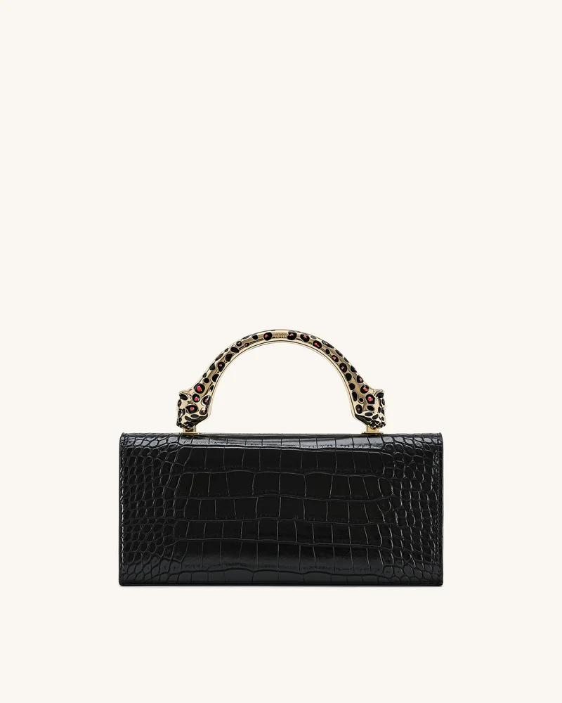 Maya Henkeltasche mit leopardenförmigem Metallgriff - Schwarz Krokodil