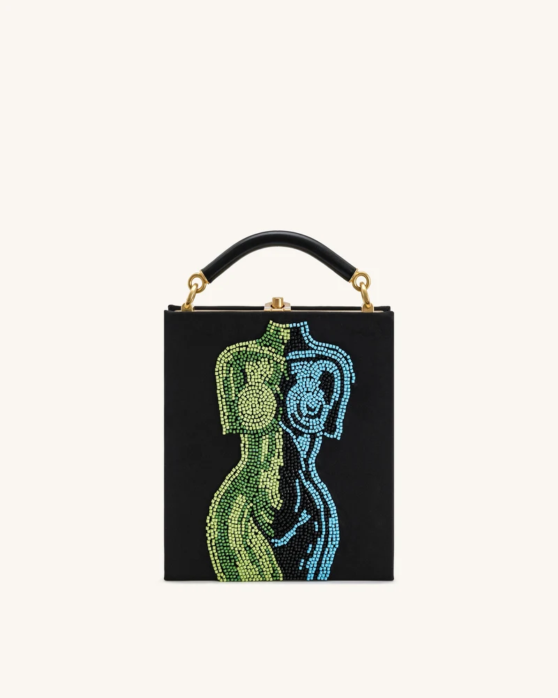 Elle Bunte, perlenbesetzte Buch-Henkeltasche - Schwarz
