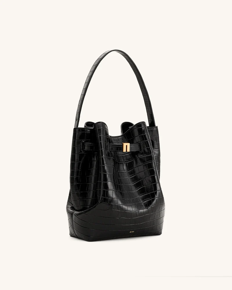 Clara Schloss-Akzent Beutelschultertasche - Schwarz Kroko