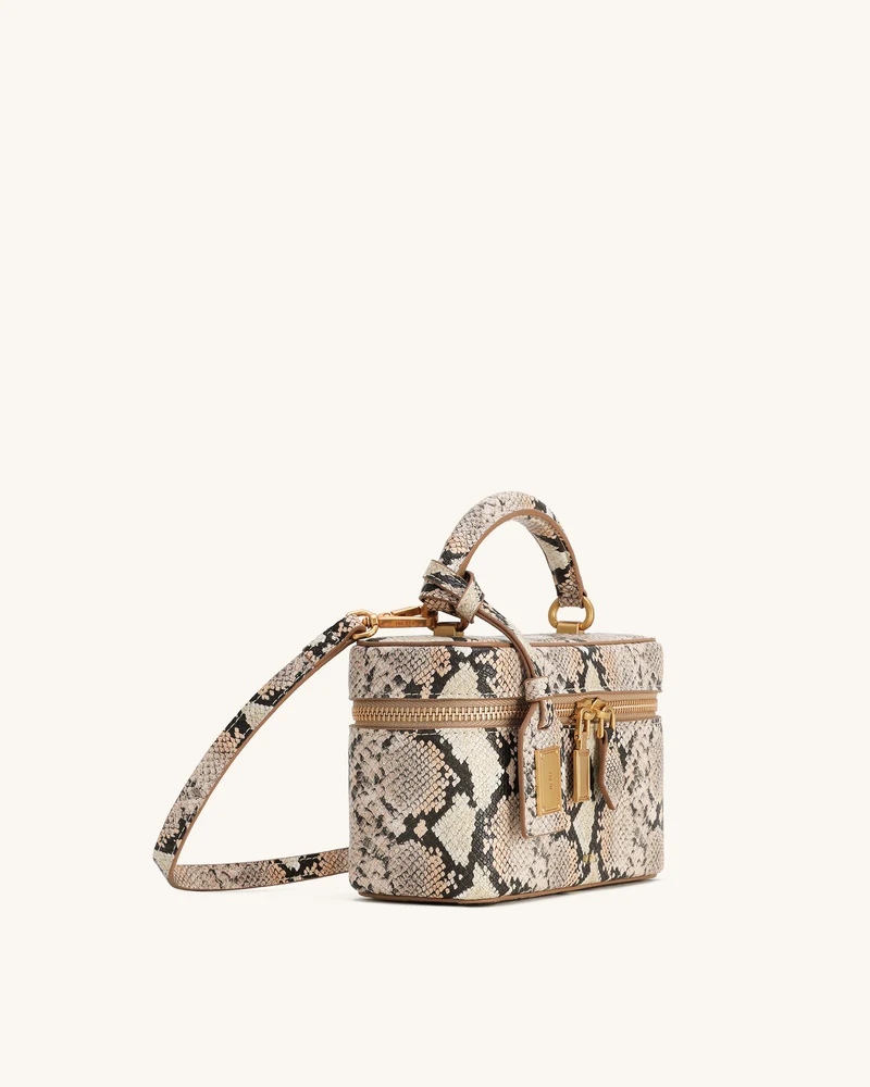 Cleo Schlangenleder-geprägte Box Shape Top Handle Tasche - Beige