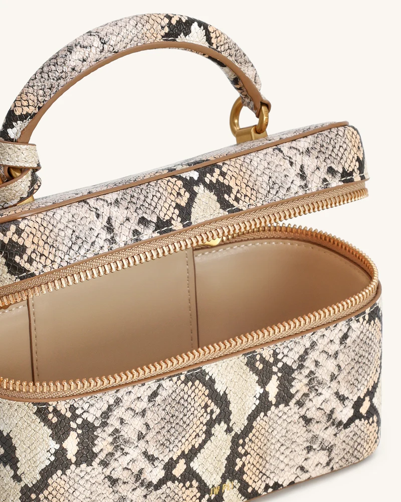 Cleo Schlangenleder-geprägte Box Shape Top Handle Tasche - Beige