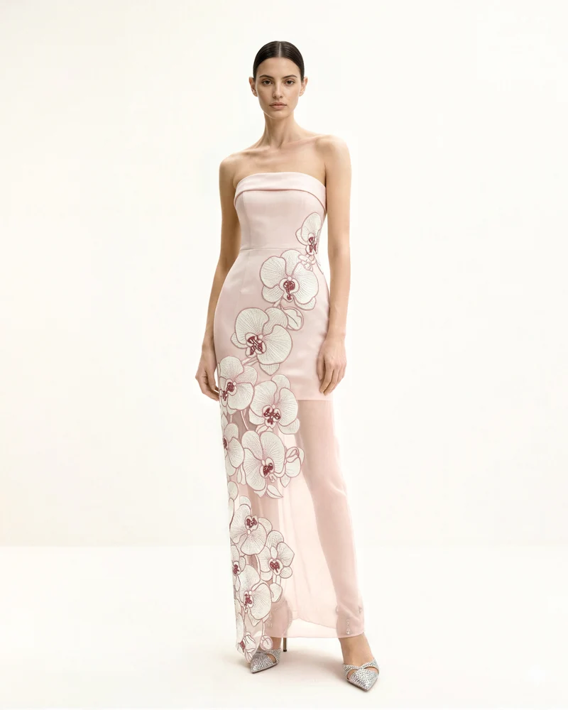 Orchideen-besticktes Kleid - Rosa