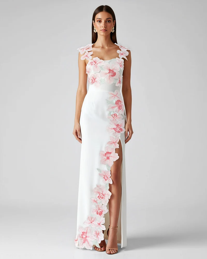 Blumenbesticktes Kleid - Weiß/Rosa