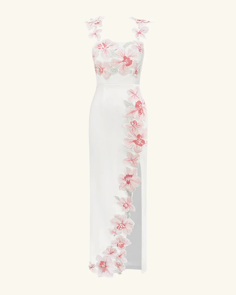Blumenbesticktes Kleid - Weiß/Rosa
