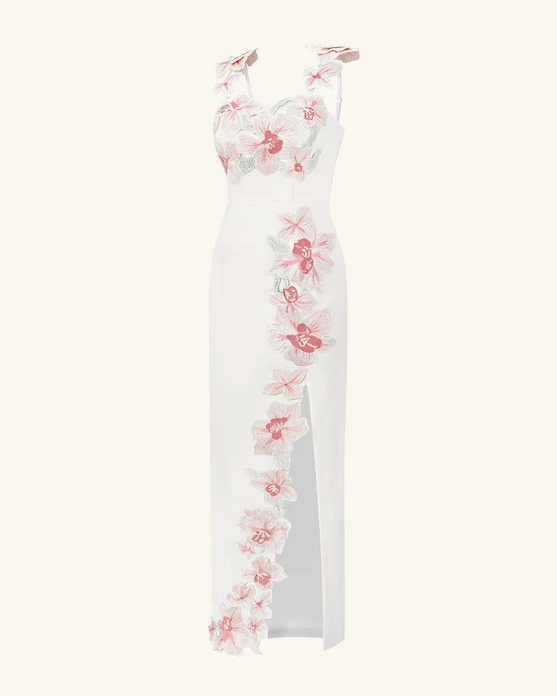 Blumenbesticktes Kleid - Weiß/Rosa