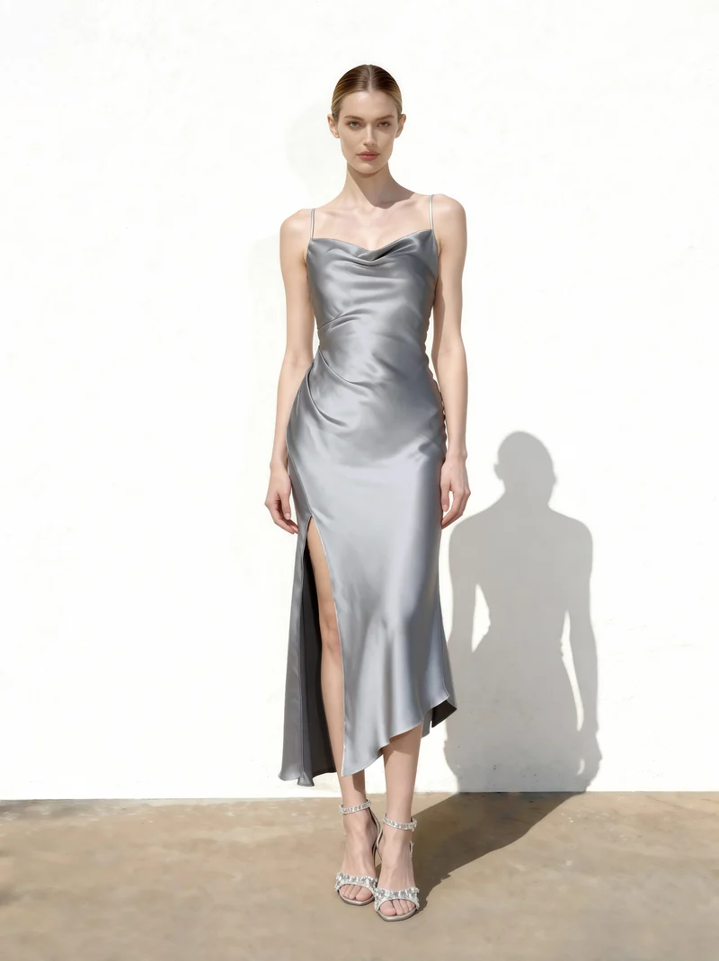 Liquid Satin Abendkleid mit Wasserfallausschnitt und Schlitz - Silber
