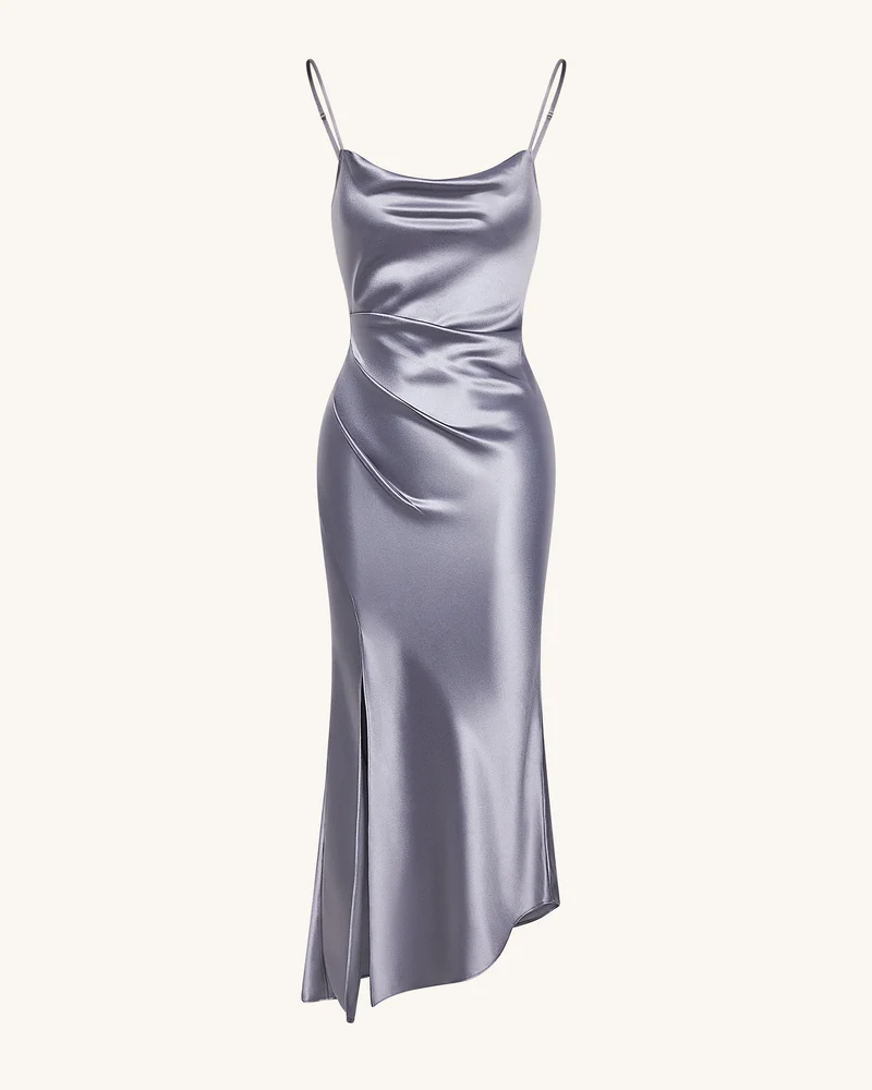 Liquid Satin Abendkleid mit Wasserfallausschnitt und Schlitz - Silber