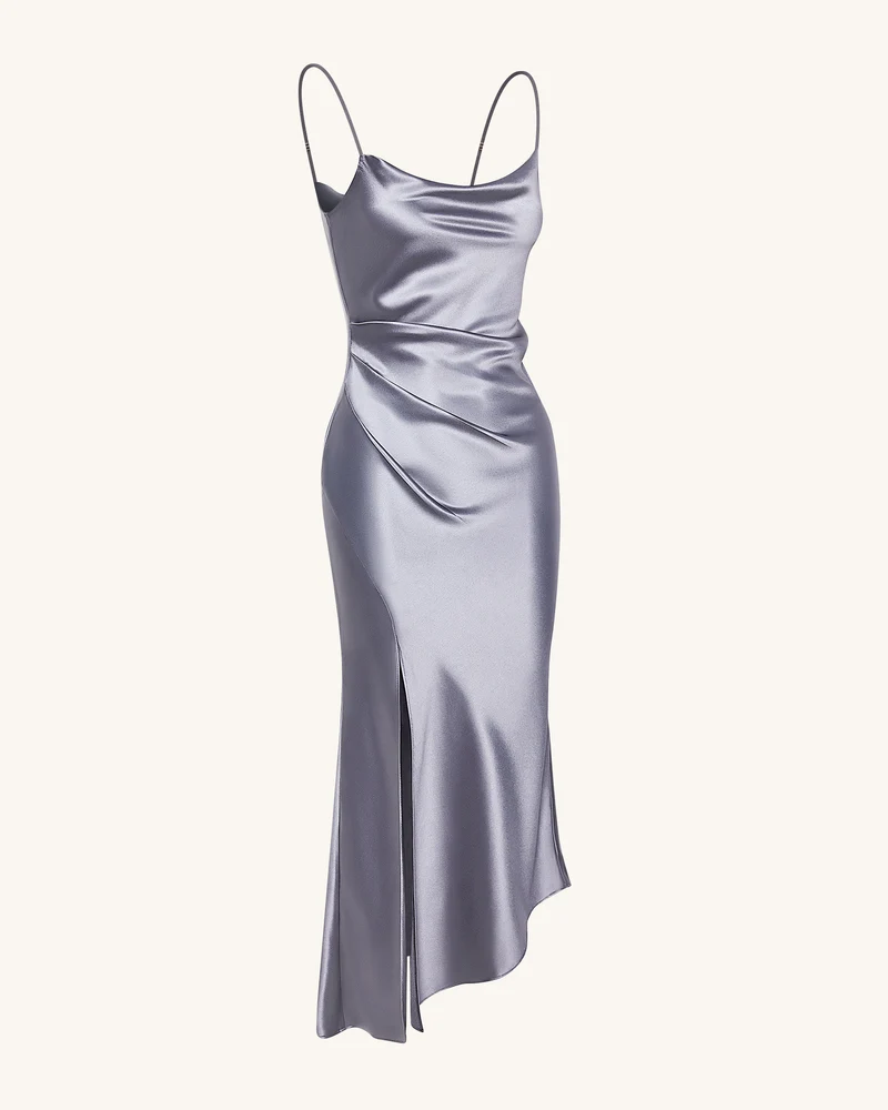 Liquid Satin Abendkleid mit Wasserfallausschnitt und Schlitz - Silber